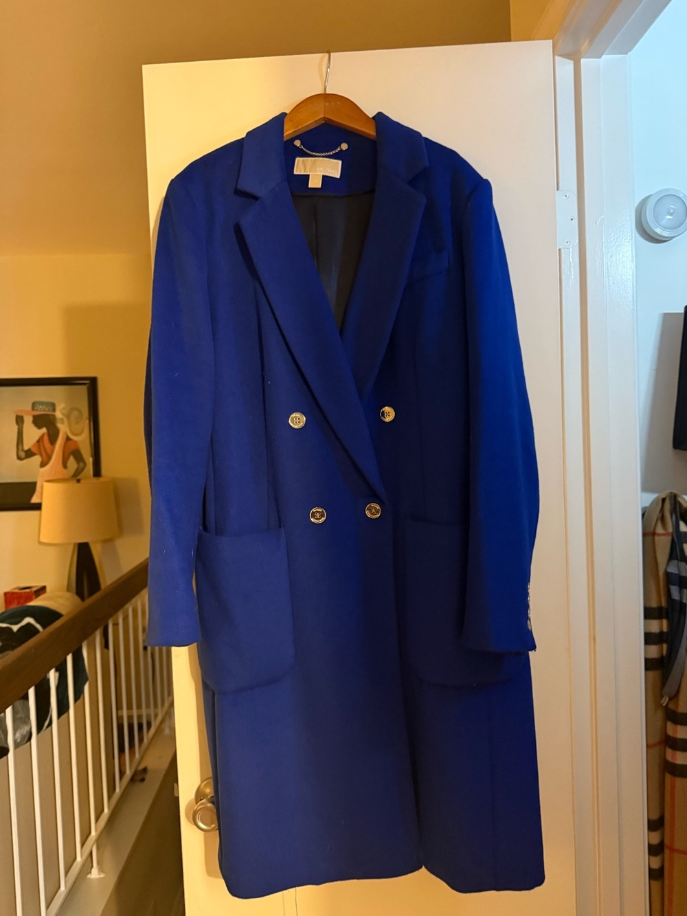 Michael Kors Cobalt Blue Long Blazer Coat with Gold Chain Detail